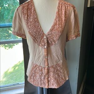 Peach Fitted Flutter Sleeve Blouse with Bib Collar